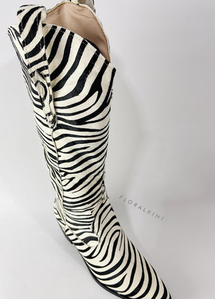 Calfskin Hair Zebra Print Mid-Calf Western Heeled Boots