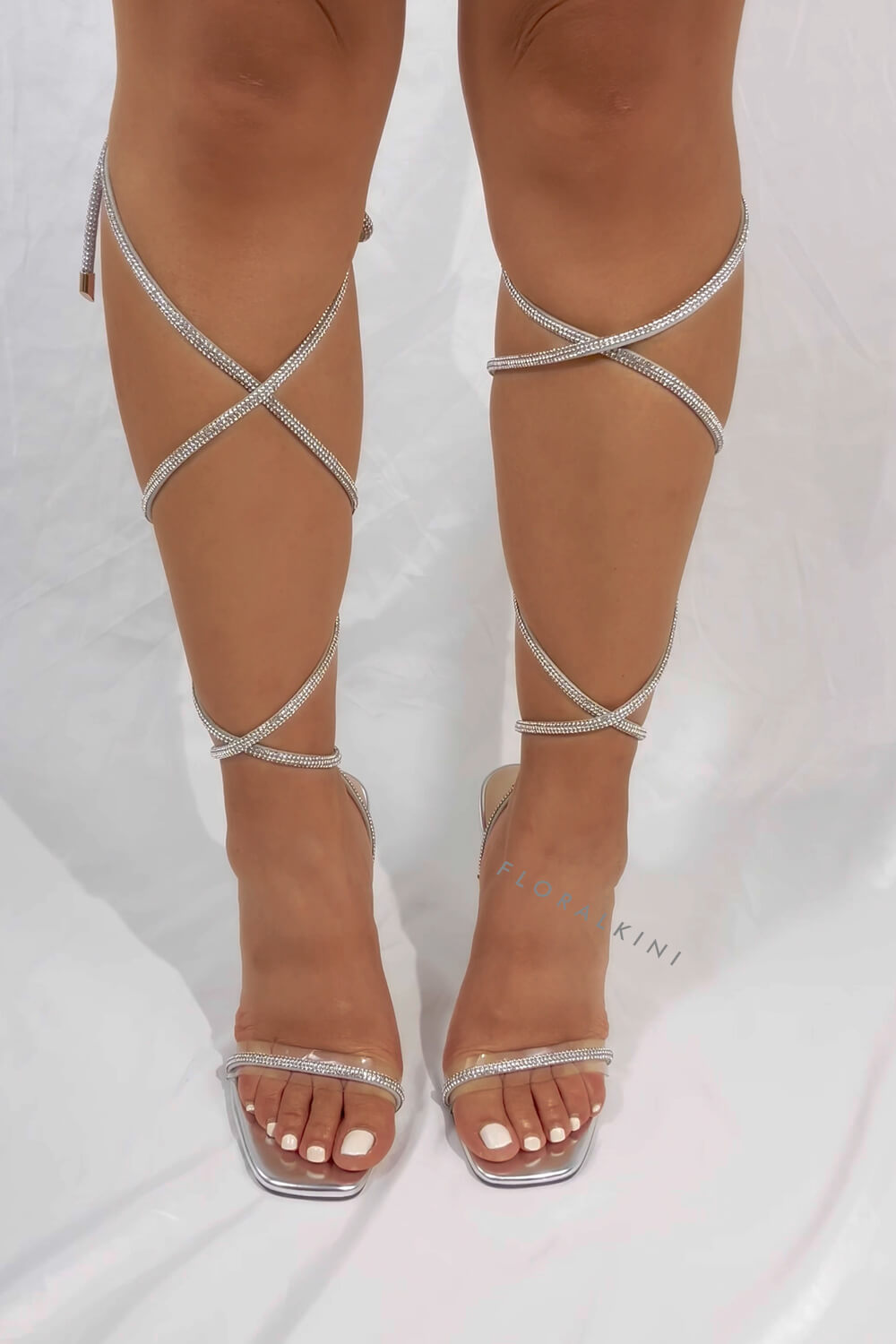 piazza １ Diamante Embellished Lace Up Square Toe High Heels - Silver