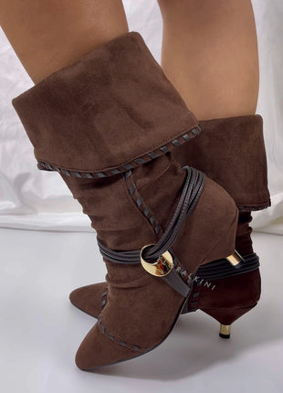 Draped Faux Suede Pointed Ankle Boots With Silver-Tone Hardware