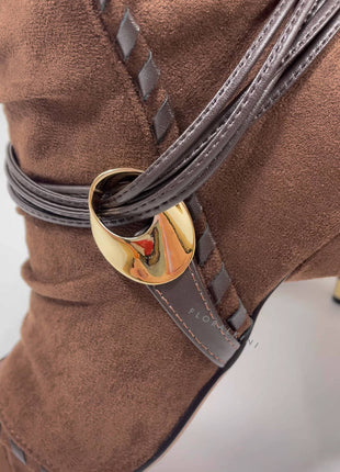 Draped Faux Suede Pointed Ankle Boots With Silver-Tone Hardware