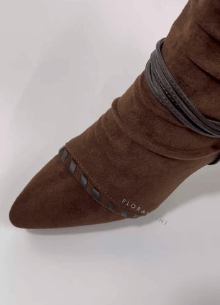 Draped Faux Suede Pointed Ankle Boots With Silver-Tone Hardware