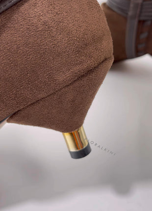 Draped Faux Suede Pointed Ankle Boots With Silver-Tone Hardware