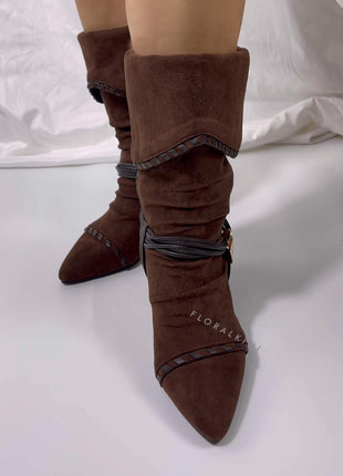 Draped Faux Suede Pointed Ankle Boots With Silver-Tone Hardware