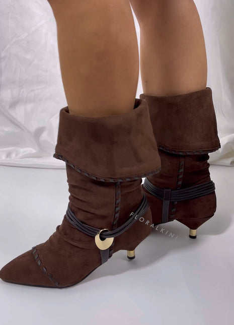 Draped Faux Suede Pointed Ankle Boots With Silver-Tone Hardware