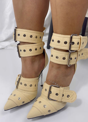 Multi Buckle Pointed Toe Ankle Stiletto Heel Boots - Khaki