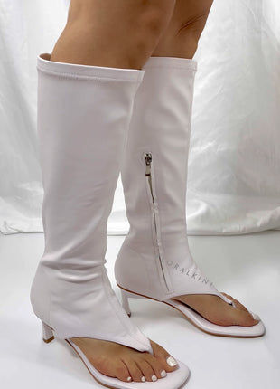 Faux Leather Open Toe Thong Strap Knee High Heeled Boots - White