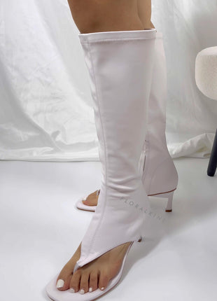 Faux Leather Open Toe Thong Strap Knee High Heeled Boots - White