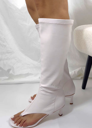 Faux Leather Open Toe Thong Strap Knee High Heeled Boots - White
