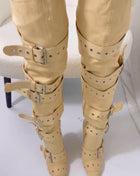 Multi Buckle Pointed Toe Thigh High Stiletto Heel Boots - Khaki