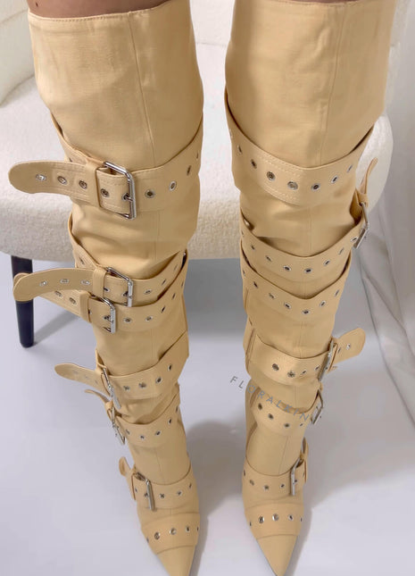 Multi Buckle Pointed Toe Thigh High Stiletto Heel Boots - Khaki