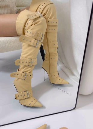 Multi Buckle Pointed Toe Thigh High Stiletto Heel Boots - Khaki