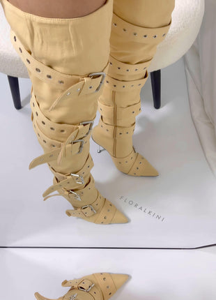 Multi Buckle Pointed Toe Thigh High Stiletto Heel Boots - Khaki