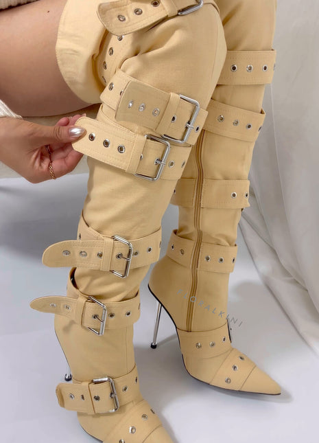 Multi Buckle Pointed Toe Thigh High Stiletto Heel Boots - Khaki