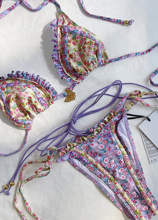 Floral Print Ruffled Triangle Tie Side Bikini Set With Ring Details