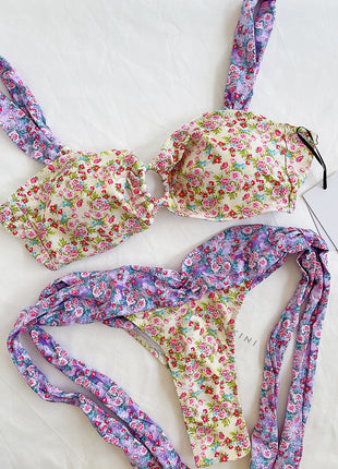 Floral Print O-Ring Front Tie Side Bikini Set