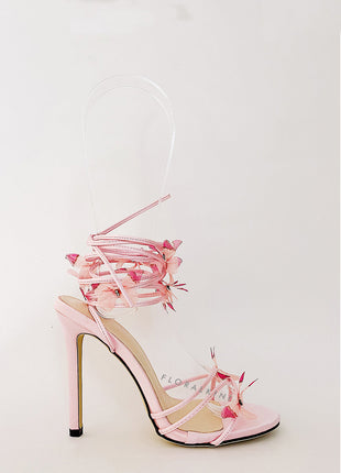 Butterfly Lace Up Open Toe High Stiletto Heels - Pink