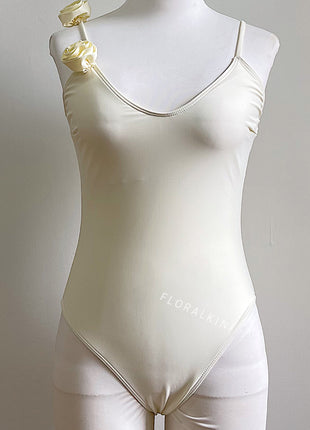 Floral Applique V-Neck One Piece Swimsuit With Gathered Mini Sarong Skirt