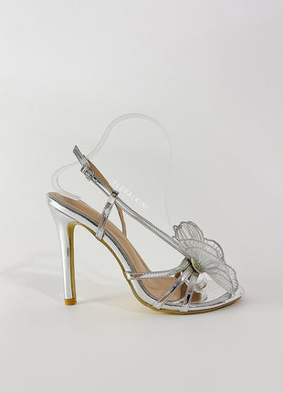 Flower Metallic Silver Rhinestone Slingback Stiletto Heels