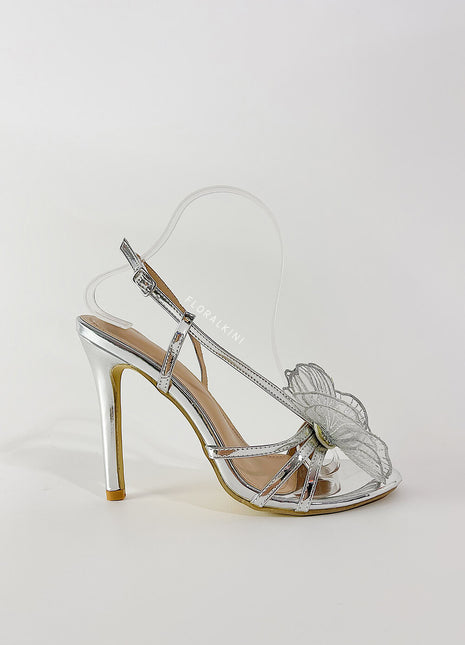 Flower Metallic Silver Rhinestone Slingback Stiletto Heels
