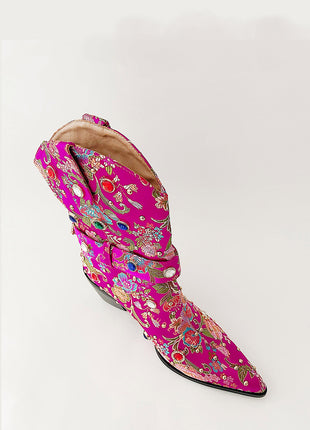 Floral Satin Gemstone-Embellished Pointed Toe Western Ankle Bootie - Pink