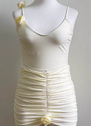 Floral Applique V-Neck One Piece Swimsuit With Gathered Mini Sarong Skirt