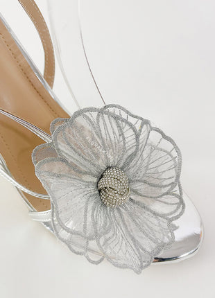 Flower Metallic Silver Rhinestone Slingback Stiletto Heels