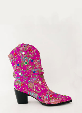 Floral Satin Gemstone-Embellished Pointed Toe Western Ankle Bootie - Pink