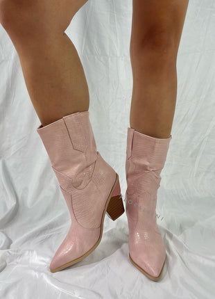Pink Croc Cut-Out Heel Mid Western Cowboy Boots