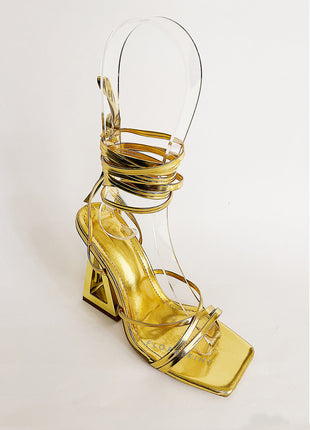 Lace Up Square Toe Gold-Tone Block High Heels - Gold