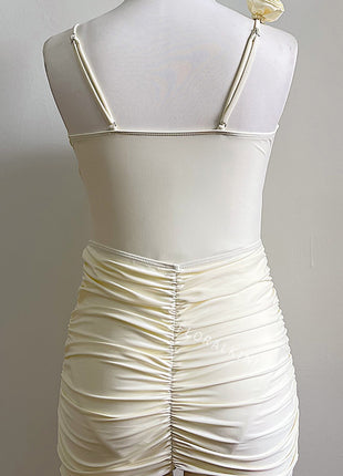 Floral Applique V-Neck One Piece Swimsuit With Gathered Mini Sarong Skirt