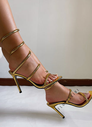 Metallic Ankle Wrap Around Open Toe High Heel Sandals