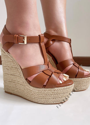 Woven Faux Leather Platform Espadrille Wedge Sandals