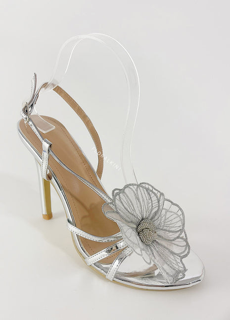 Flower Metallic Silver Rhinestone Slingback Stiletto Heels