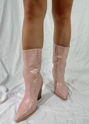 Pink Croc Cut-Out Heel Mid Western Cowboy Boots