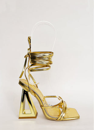 Lace Up Square Toe Gold-Tone Block High Heels - Gold