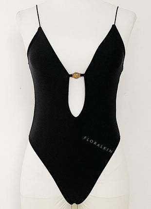 V Neck Cut Out One Piece Swimsuit With Golden Ring Details - Black