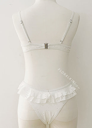 White Embroidered Underwire Ruffle Bikini Set