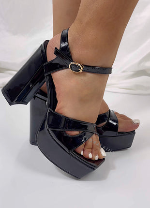 Patent Square Open Toe Platform Block Heeled Sandals