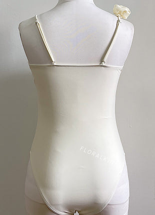 Floral Applique V-Neck One Piece Swimsuit With Gathered Mini Sarong Skirt
