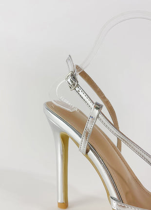 Flower Metallic Silver Rhinestone Slingback Stiletto Heels