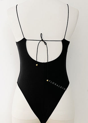 V Neck Cut Out One Piece Swimsuit With Golden Ring Details - Black