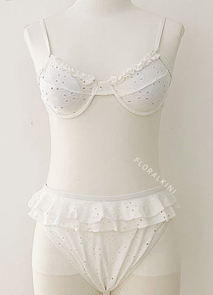 White Embroidered Underwire Ruffle Bikini Set