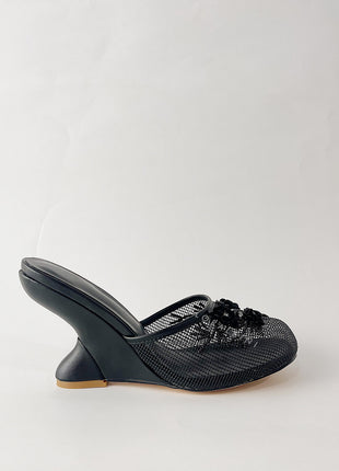 Floral Embellished Mesh Pyramid Wedge Mule Sandals