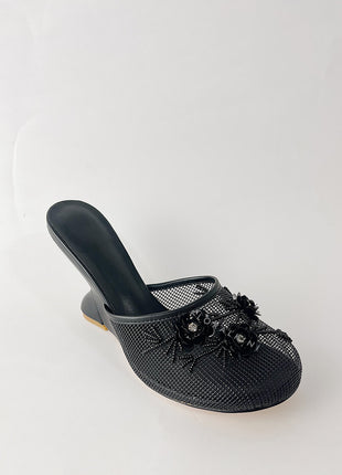 Floral Embellished Mesh Pyramid Wedge Mule Sandals