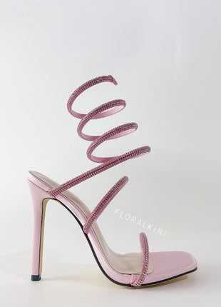 Crystal-Embellished Around The Ankle Coil Stiletto Sandals - Pink/Silver/Gold/Black