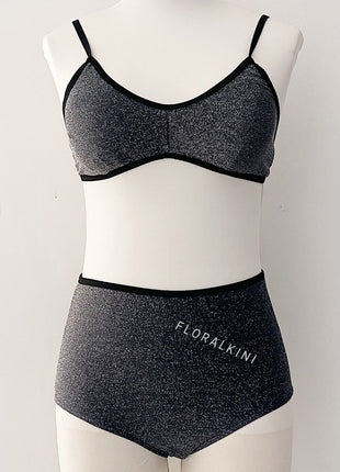 Glitter Color Block High Waisted Bikini Set - Grey