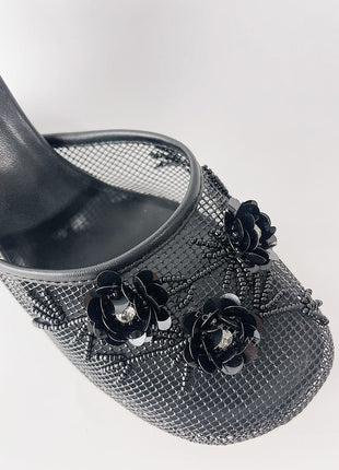 Floral Embellished Mesh Pyramid Wedge Mule Sandals