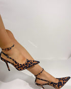 Leopard Print Pointed Toe Slingback Ankle Strap High Heels