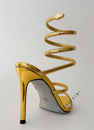 Metallic Ankle Wrap Around Open Toe High Heel Sandals