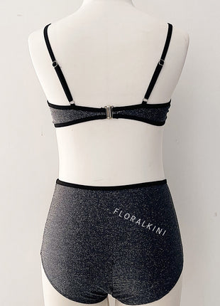 Glitter Color Block High Waisted Bikini Set - Grey